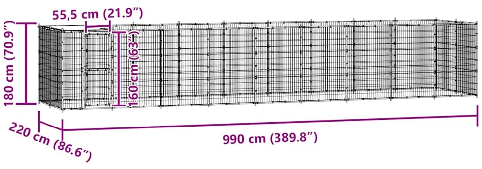Lauko voljeras šunims su stogu, galvanizuotas plienas, 21,78m²
