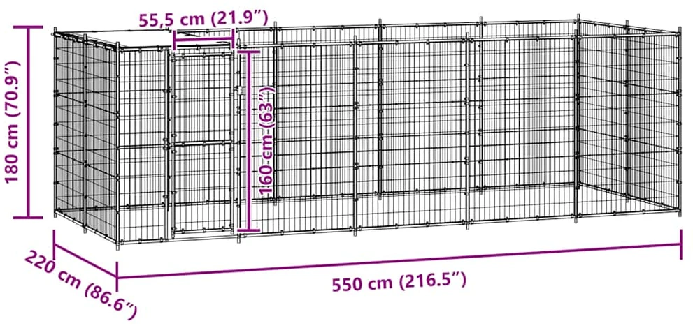 Lauko voljeras šunims su stogu, galvanizuotas plienas, 12,1m²