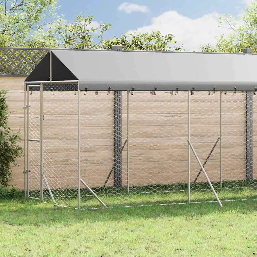 Lauko voljeras šunims su stogu, sidabrinis, 2x14x2,5m, plienas