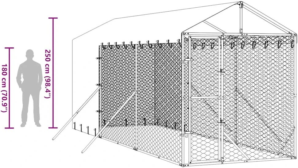 Lauko voljeras šunims su stogu, sidabrinis, 2x6x2,5m, plienas