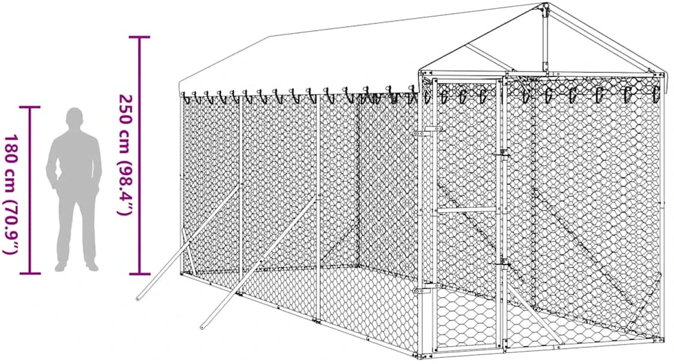 Lauko voljeras šunims su stogu, sidabrinis, 2x6x2,5m, plienas