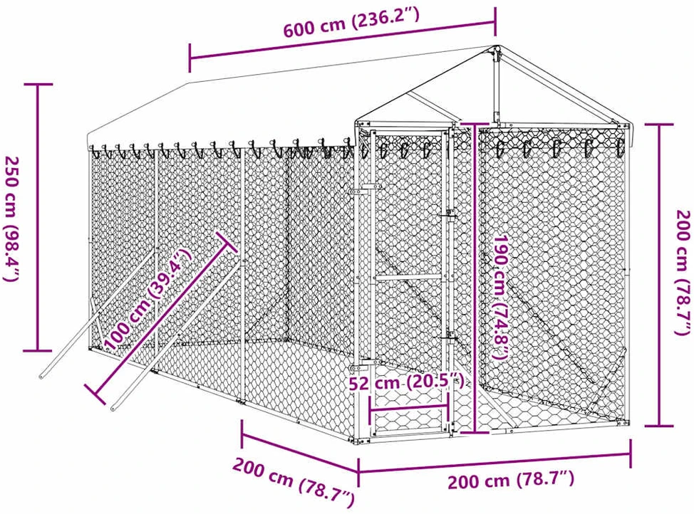 Lauko voljeras šunims su stogu, sidabrinis, 2x6x2,5m, plienas