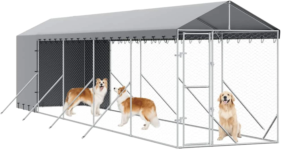 Lauko voljeras šunims su stogu, sidabrinis, 2x10x2,5m, plienas