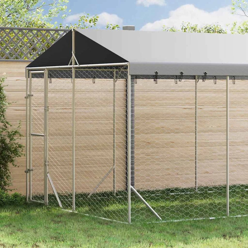 Lauko voljeras šunims su stogu, sidabrinis, 3x4,5x2,5m, plienas