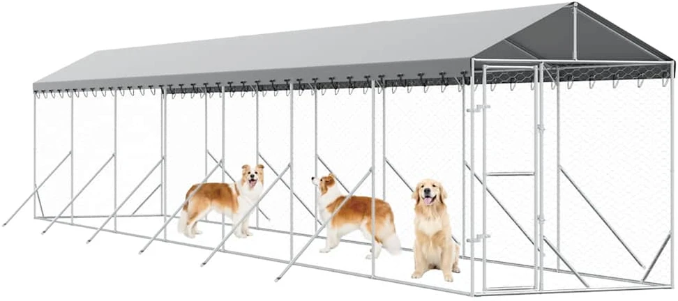 Lauko voljeras šunims su stogu, sidabrinis, 2x14x2,5m, plienas