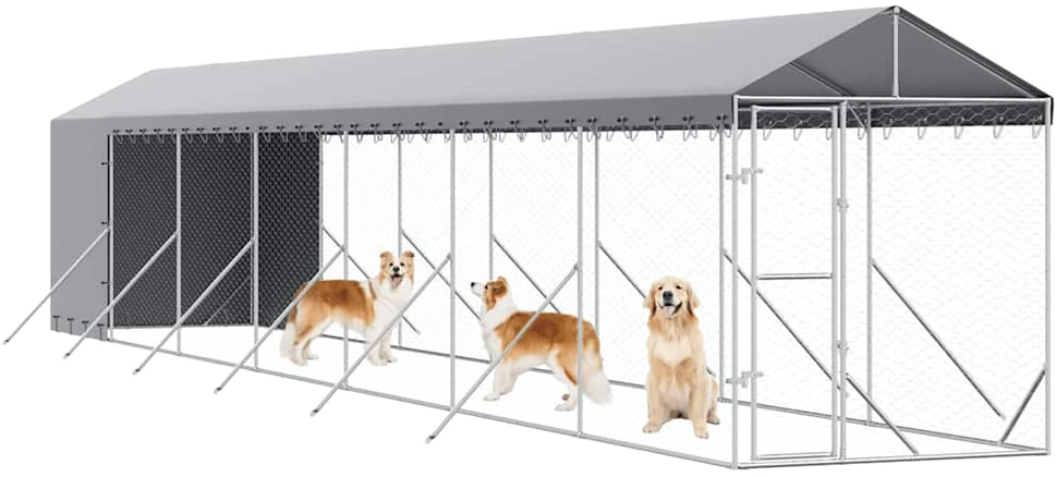 Lauko voljeras šunims su stogu, sidabrinis, 2x14x2,5m, plienas