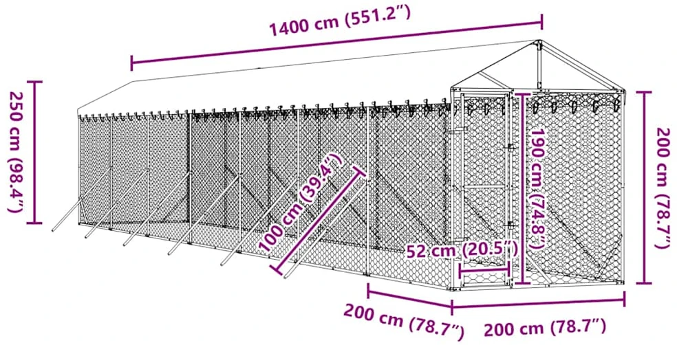 Lauko voljeras šunims su stogu, sidabrinis, 2x14x2,5m, plienas