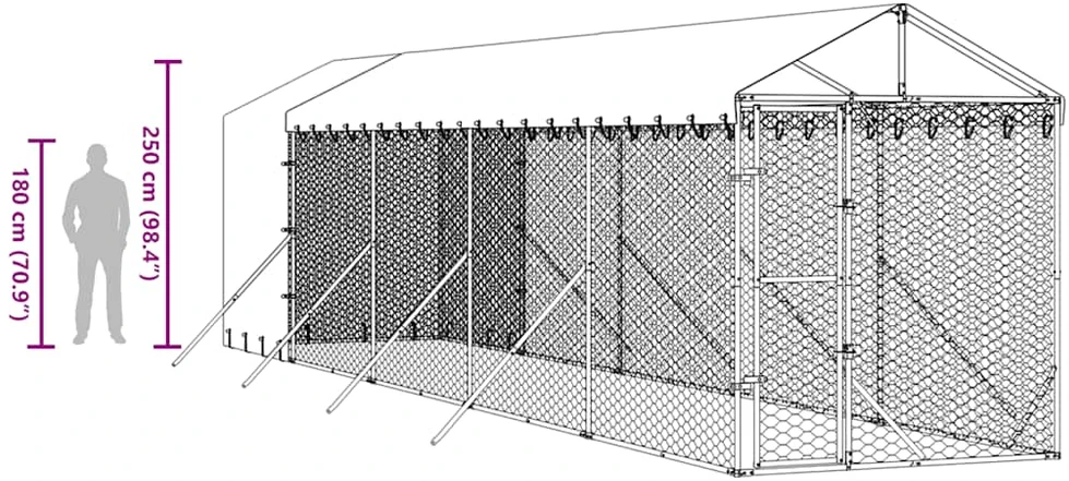 Lauko voljeras šunims su stogu, sidabrinis, 2x10x2,5m, plienas