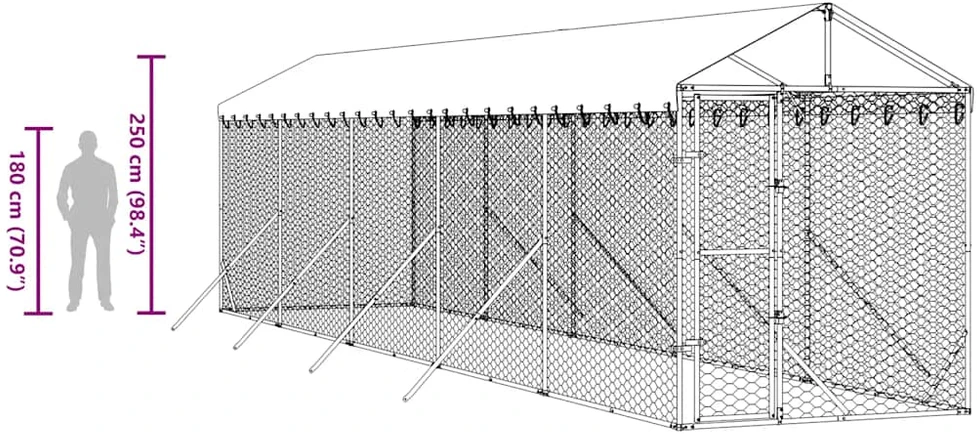 Lauko voljeras šunims su stogu, sidabrinis, 2x10x2,5m, plienas