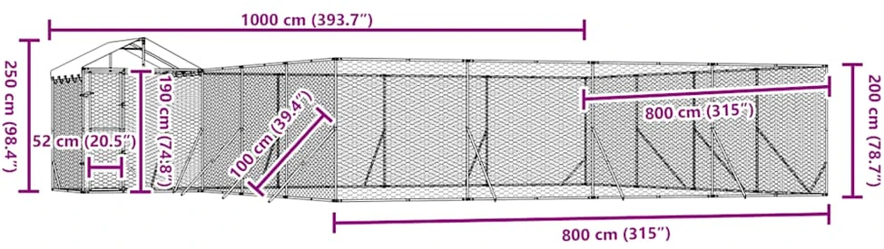 Lauko voljeras šunims su stogu, sidabrinis, 10x8x2,5m, plienas