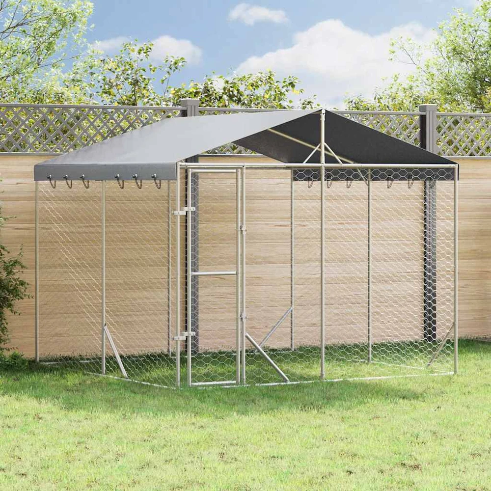 Lauko voljeras šunims su stogu, sidabrinis, 3x3x2,5m, plienas