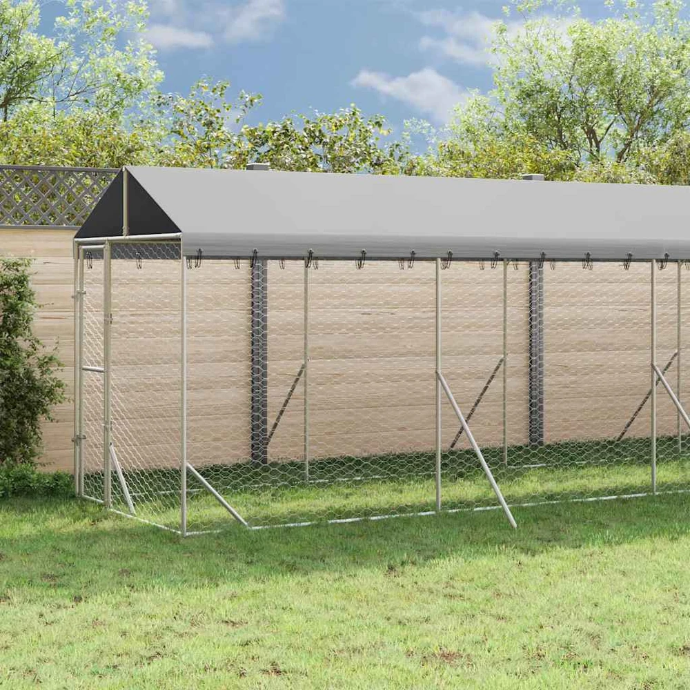 Lauko voljeras šunims su stogu, sidabrinis, 2x14x2,5m, plienas
