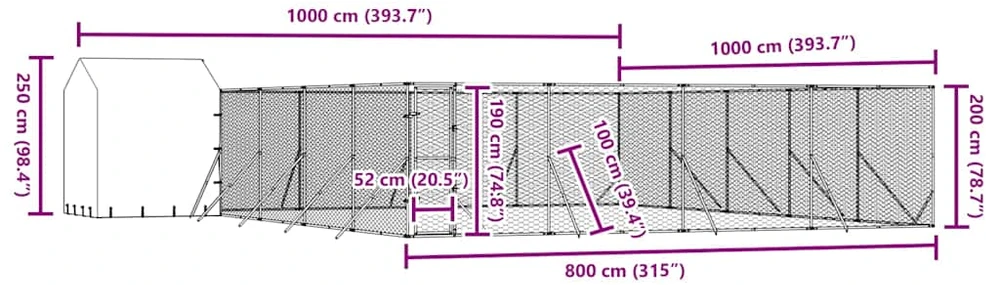 Lauko voljeras šunims su stogu, sidabrinis, 10x10x2,5m, plienas