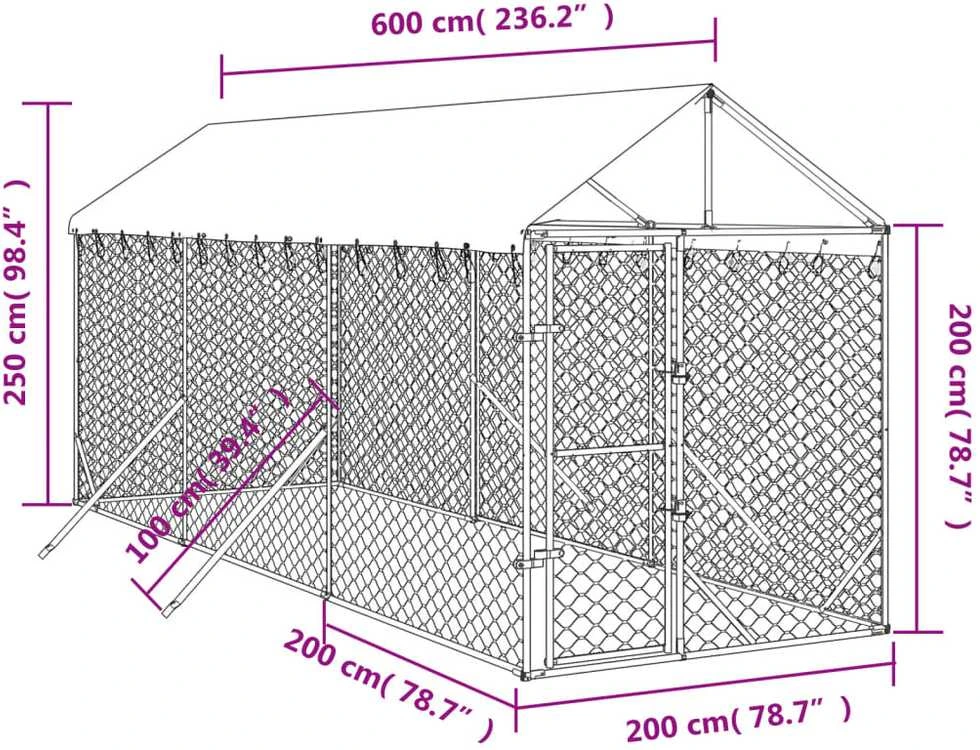 Lauko voljeras šunims su stogu, sidabrinis, 2x6x2,5m, plienas