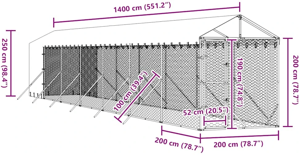Lauko voljeras šunims su stogu, sidabrinis, 2x14x2,5m, plienas