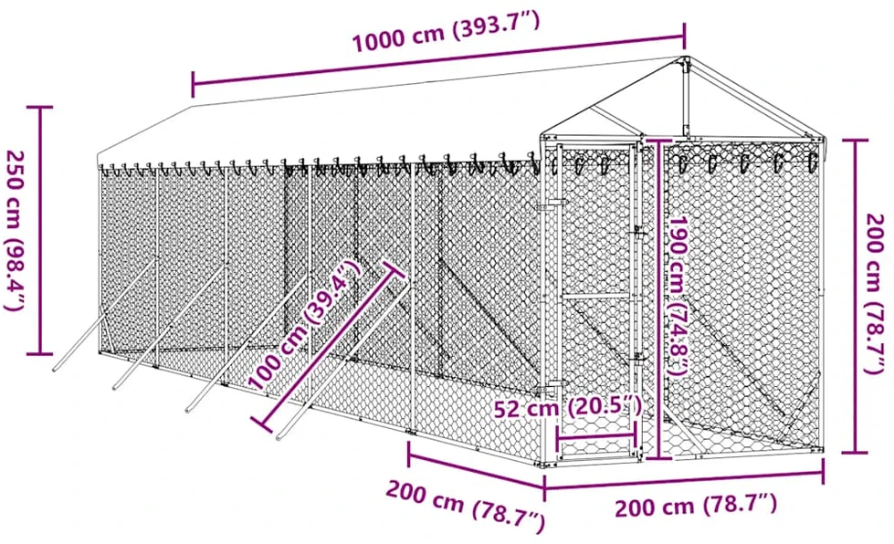 Lauko voljeras šunims su stogu, sidabrinis, 2x10x2,5m, plienas