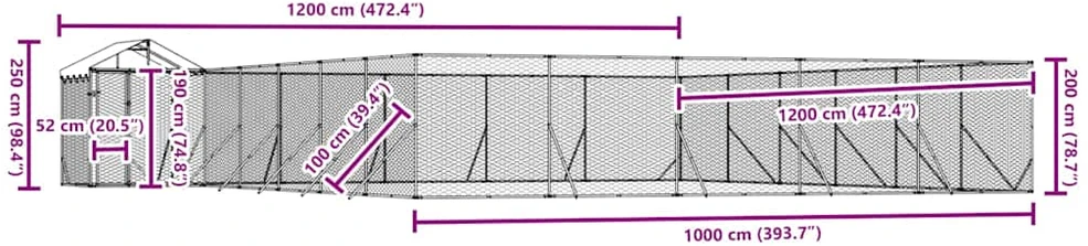Lauko voljeras šunims su stogu, sidabrinis, 12x12x2,5m, plienas