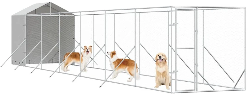 Lauko voljeras šunims su stogu, sidabrinis, 2x14x2,5m, plienas