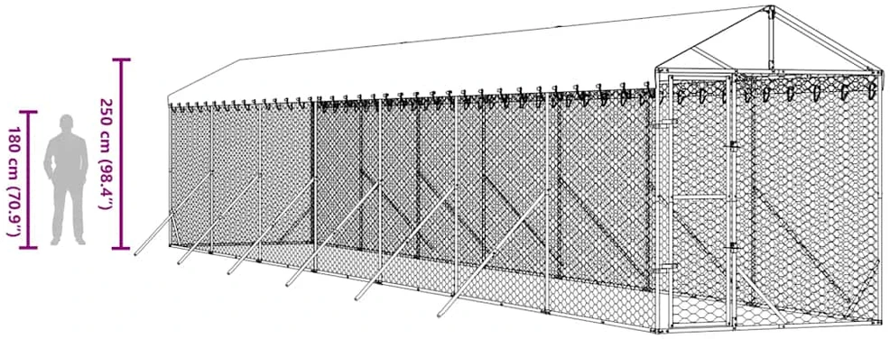 Lauko voljeras šunims su stogu, sidabrinis, 2x14x2,5m, plienas