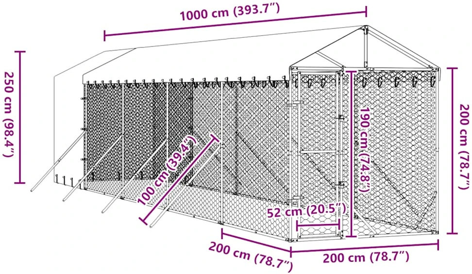 Lauko voljeras šunims su stogu, sidabrinis, 2x10x2,5m, plienas
