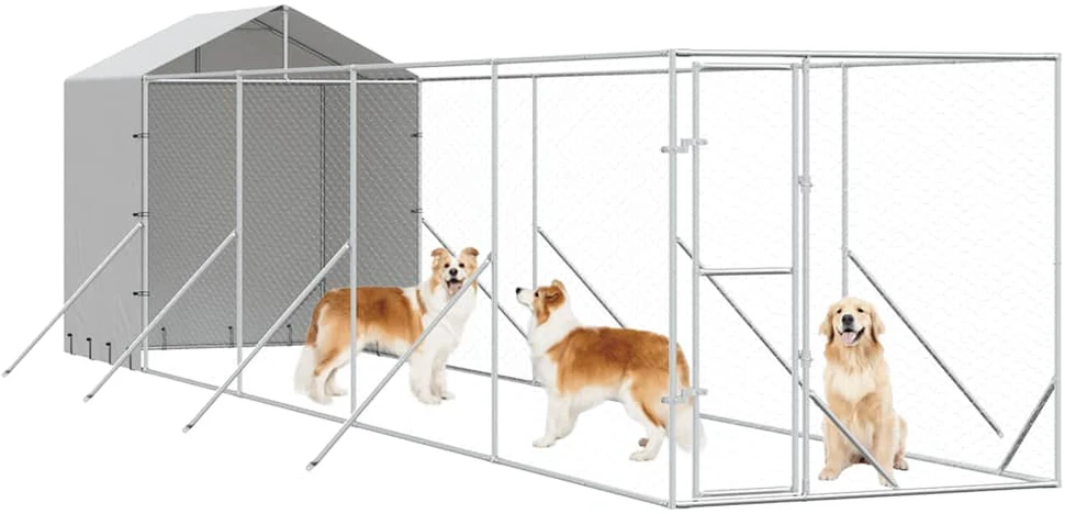 Lauko voljeras šunims su stogu, sidabrinis, 2x10x2,5m, plienas
