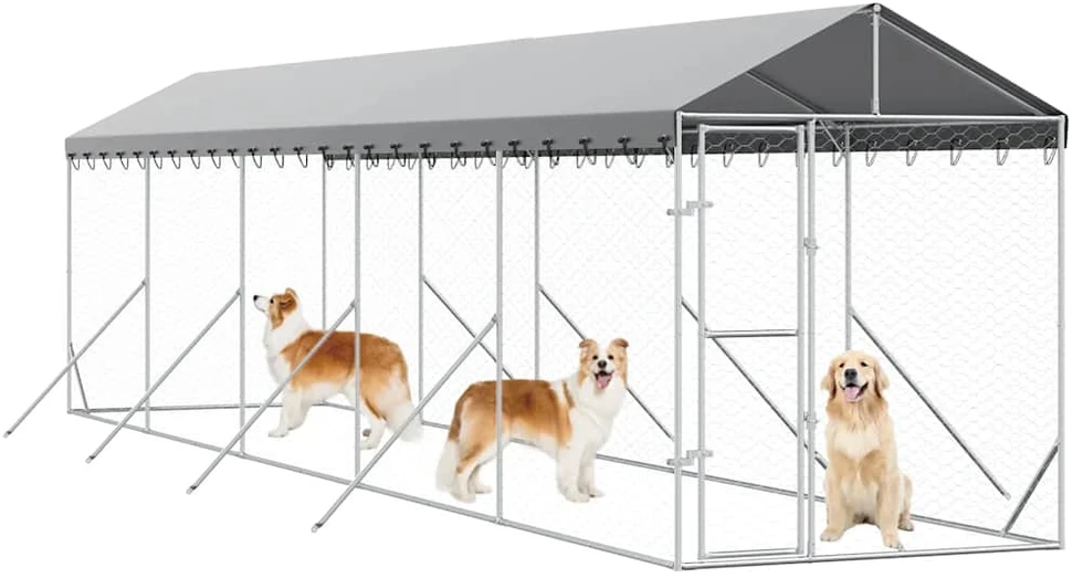 Lauko voljeras šunims su stogu, sidabrinis, 2x10x2,5m, plienas