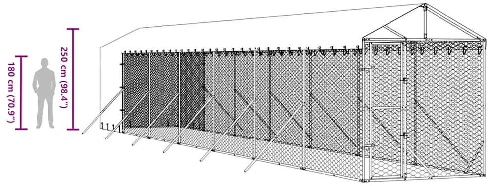 Lauko voljeras šunims su stogu, sidabrinis, 2x14x2,5m, plienas