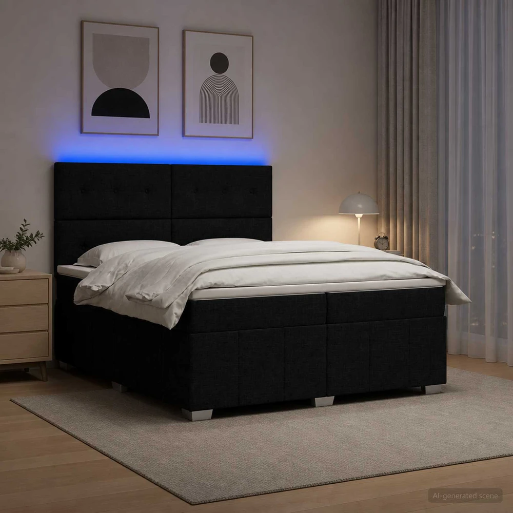Lova LED lovos čiužinys su LED apšvietimu Juoda 200 x 200 cm Audinys