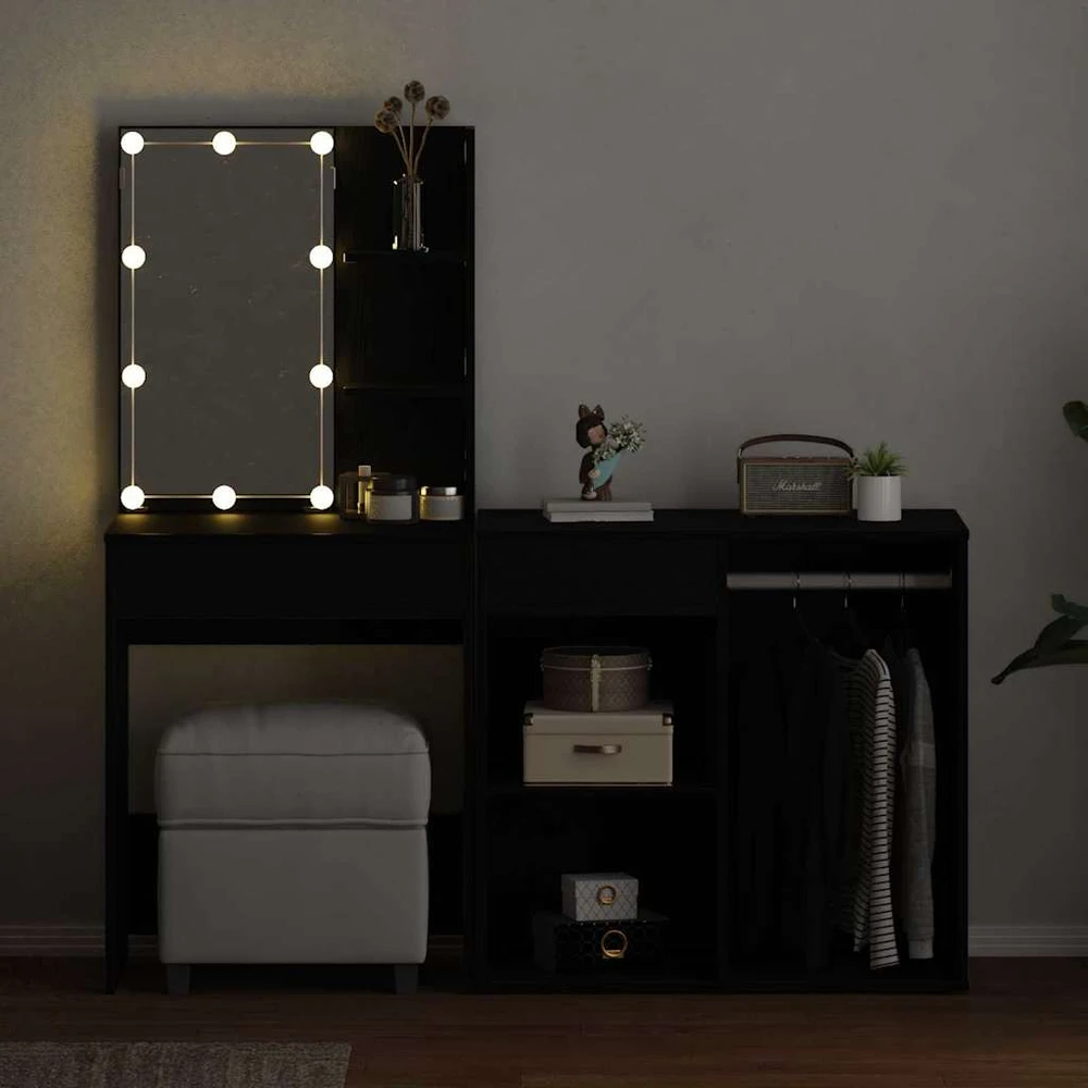 LED makiažo stalo komplektas Juodas ąžuolas 140 x 40 x 140 cm