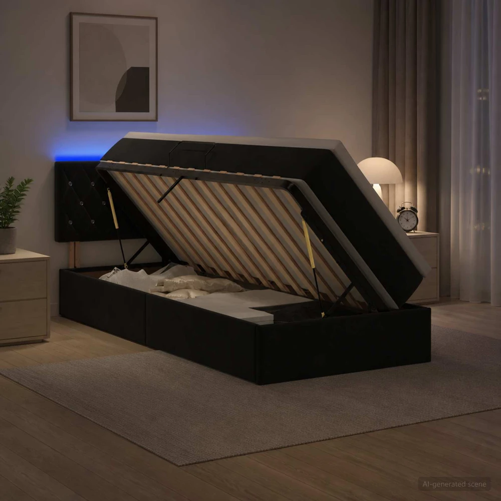 LED saugojimo lova su čiužiniu Juoda 100 x 200 cm Aksomas