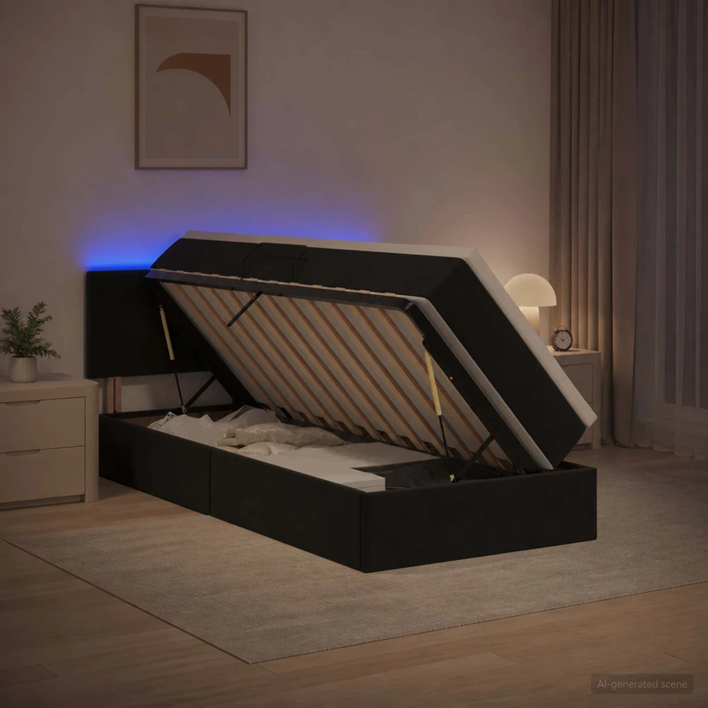 LED saugojimo lova su čiužiniu Juoda 100 x 200 cm Aksomas