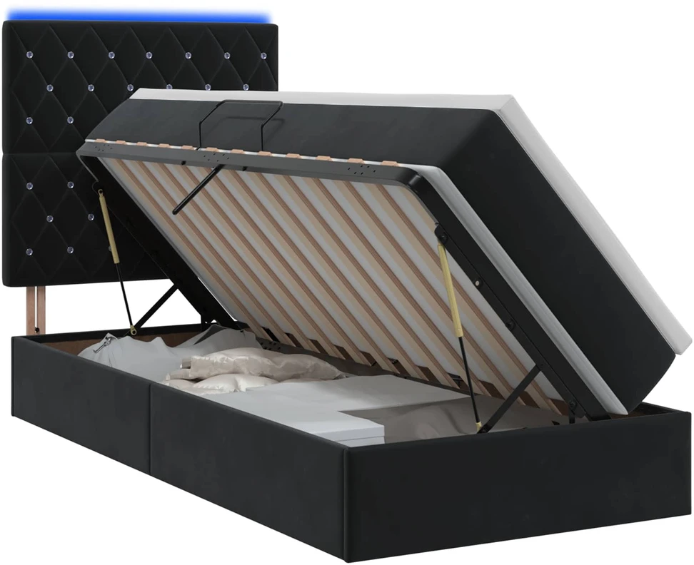LED saugojimo lova su čiužiniu Juoda 100 x 200 cm Aksomas