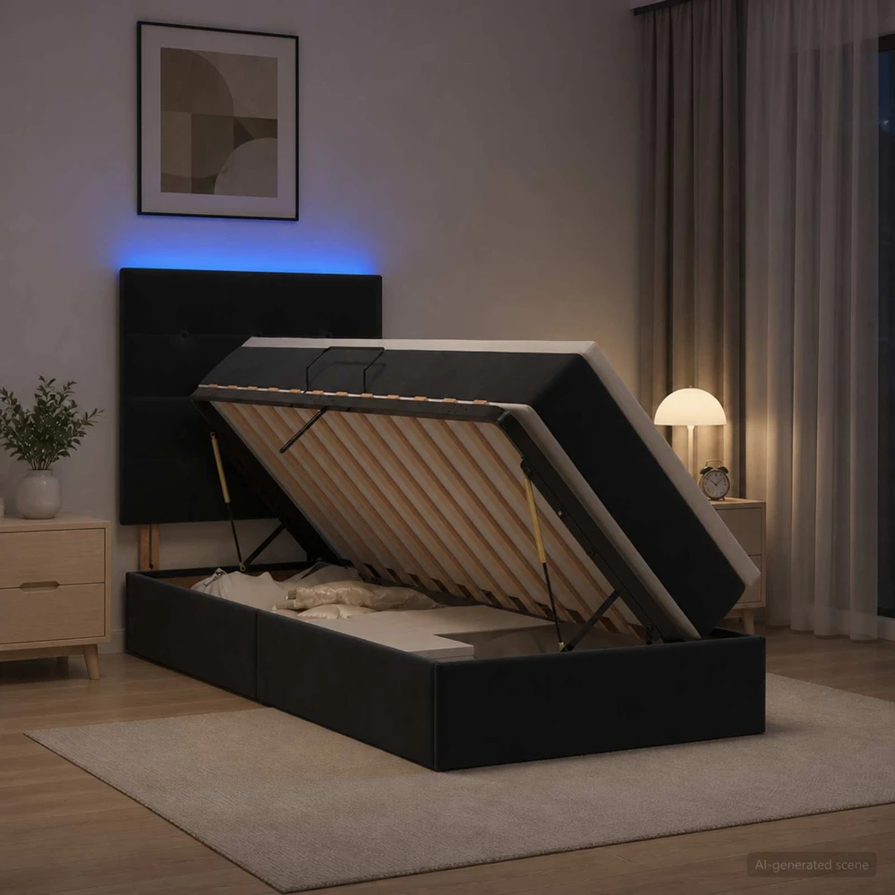 LED saugojimo lova su čiužiniu Juoda 100 x 200 cm Aksomas