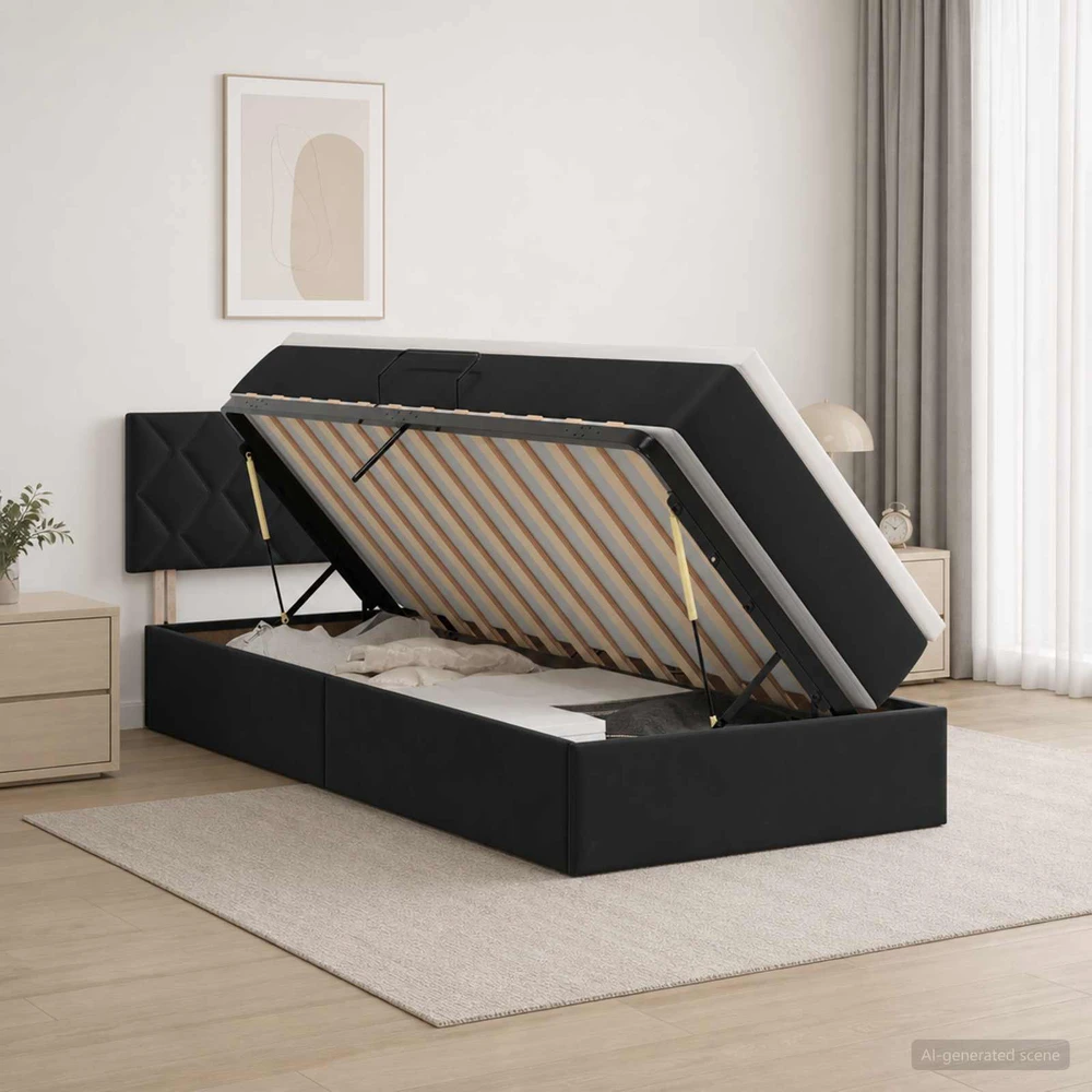 LED saugojimo lova su čiužiniu Juoda 100 x 200 cm Aksomas
