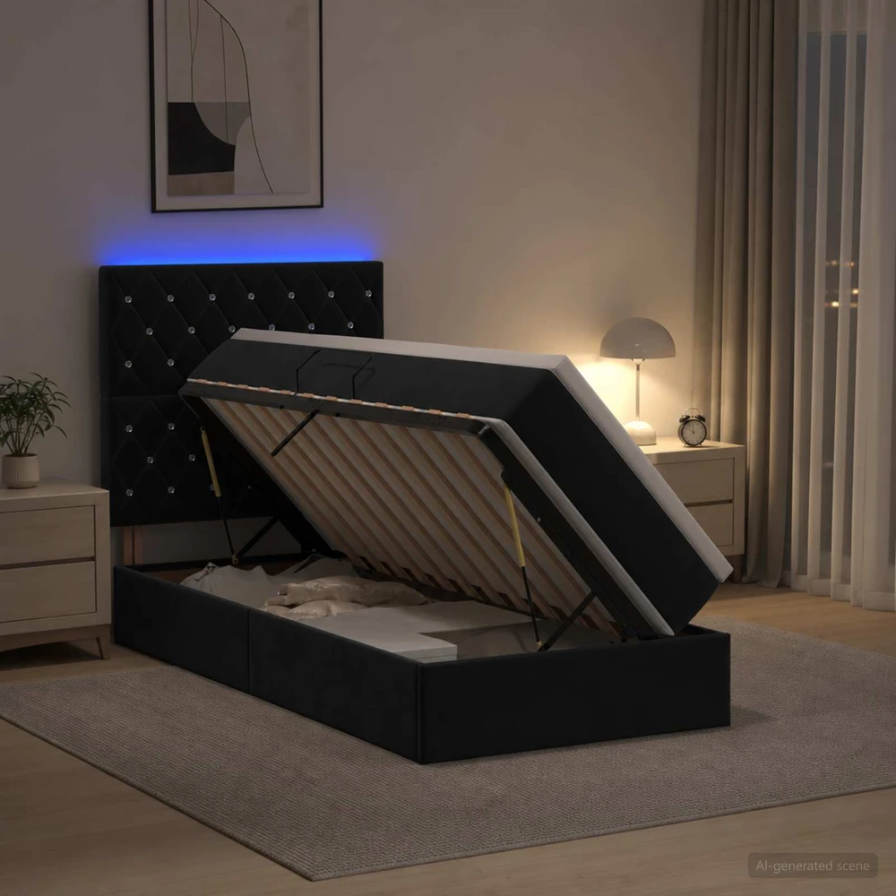 LED saugojimo lova su čiužiniu Juoda 100 x 200 cm Aksomas
