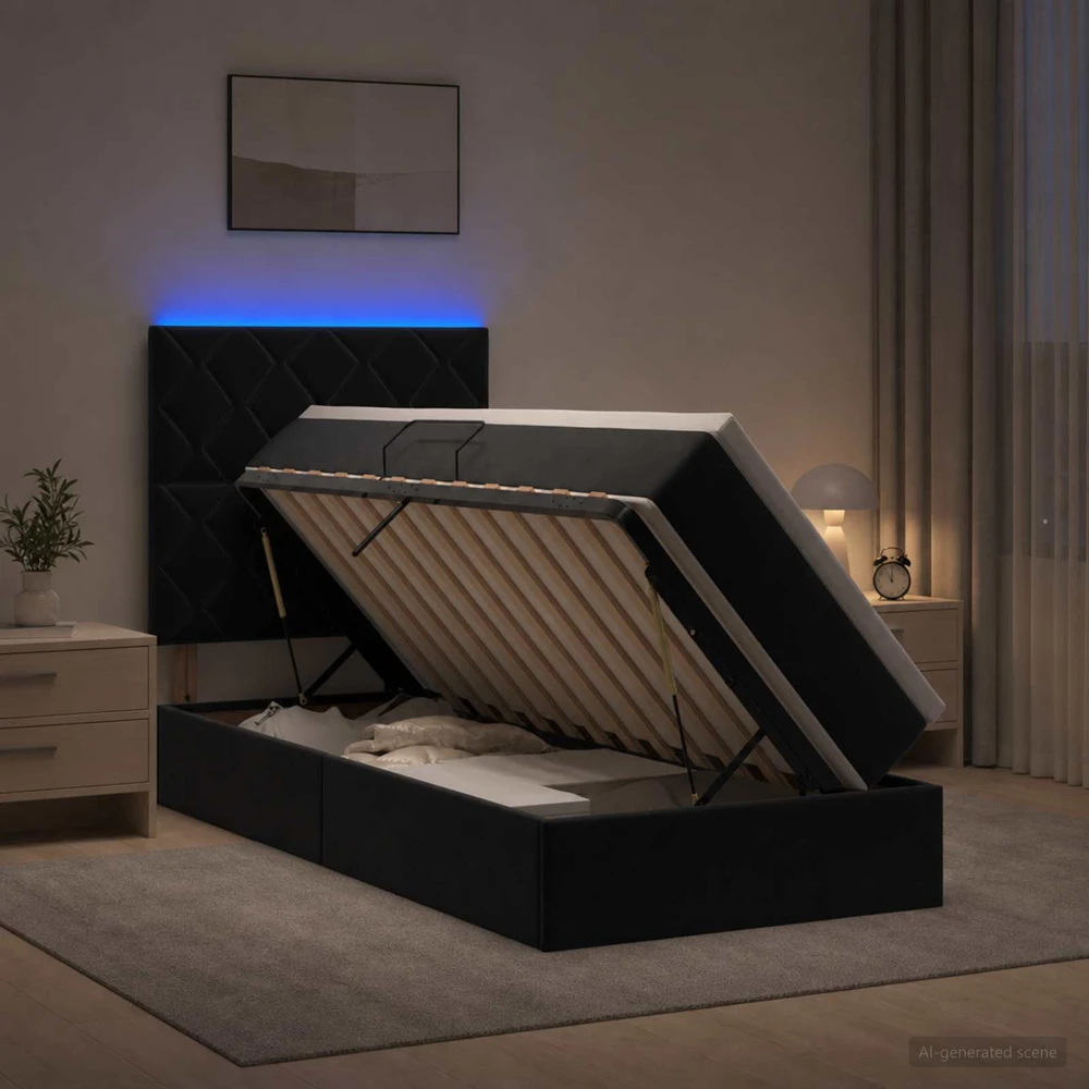 LED saugojimo lova su čiužiniu Juoda 100 x 200 cm Aksomas