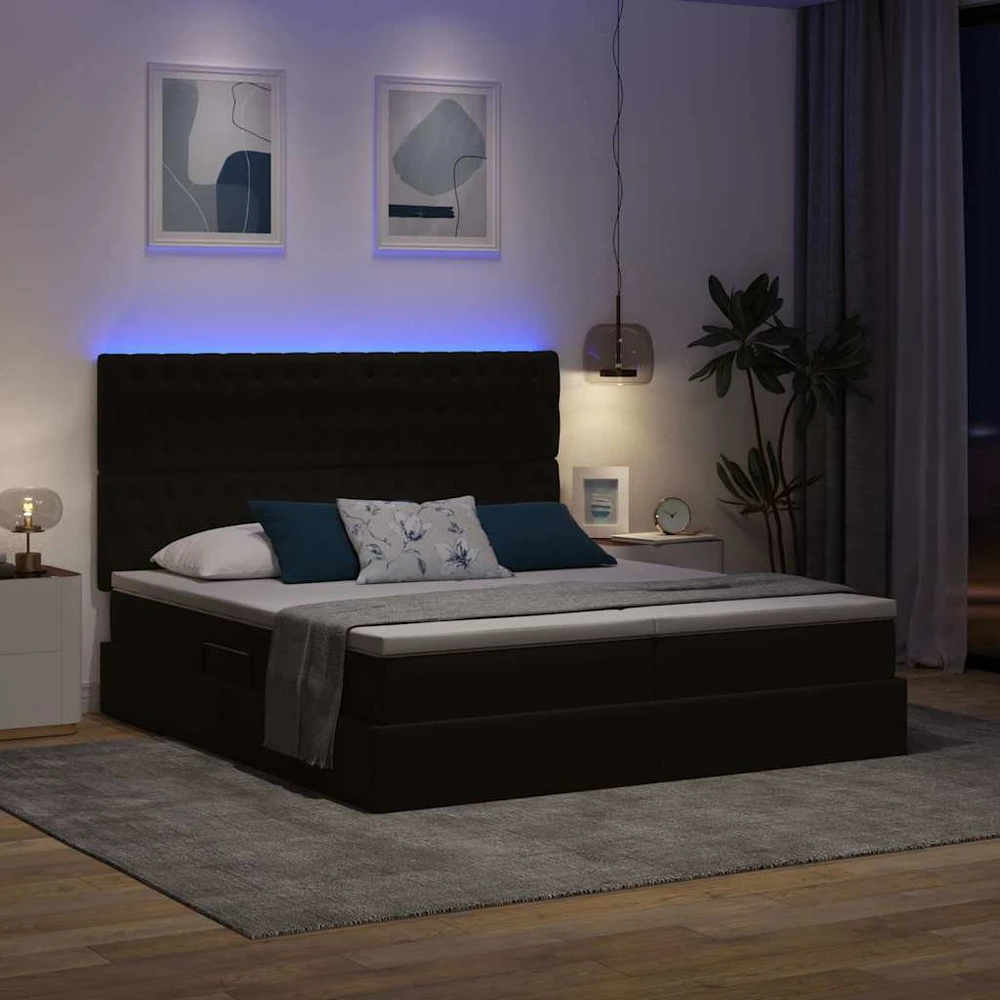 LED saugojimo lova su čiužiniu Juoda 180 x 200 cm Aksomas