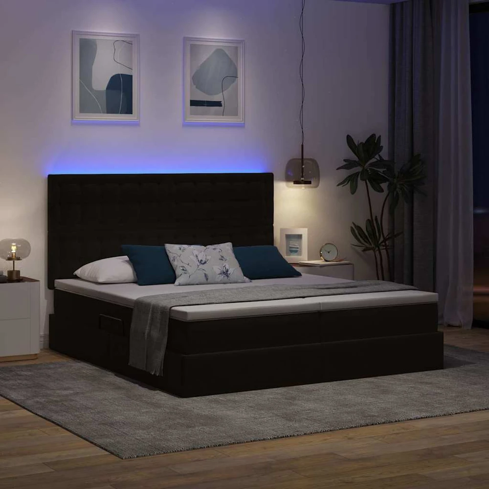 LED saugojimo lova su čiužiniu Juoda 180 x 200 cm Aksomas