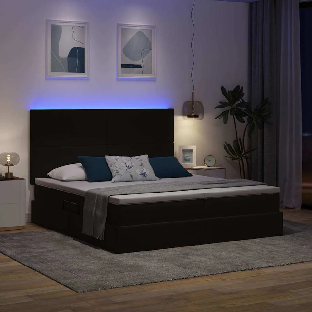 LED saugojimo lova su čiužiniu Juoda 180 x 200 cm Aksomas