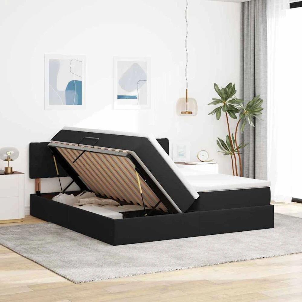 LED saugojimo lova su čiužiniu Juoda 180 x 200 cm Aksomas