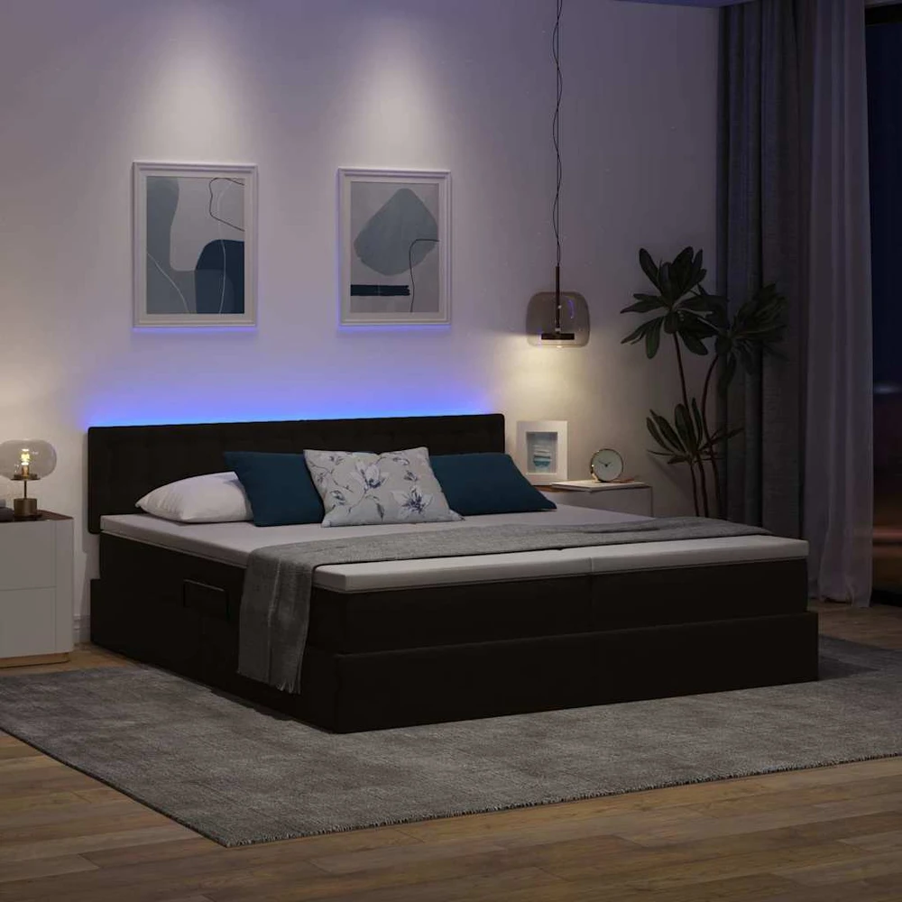 LED saugojimo lova su čiužiniu Juoda 200 x 200 cm Aksomas