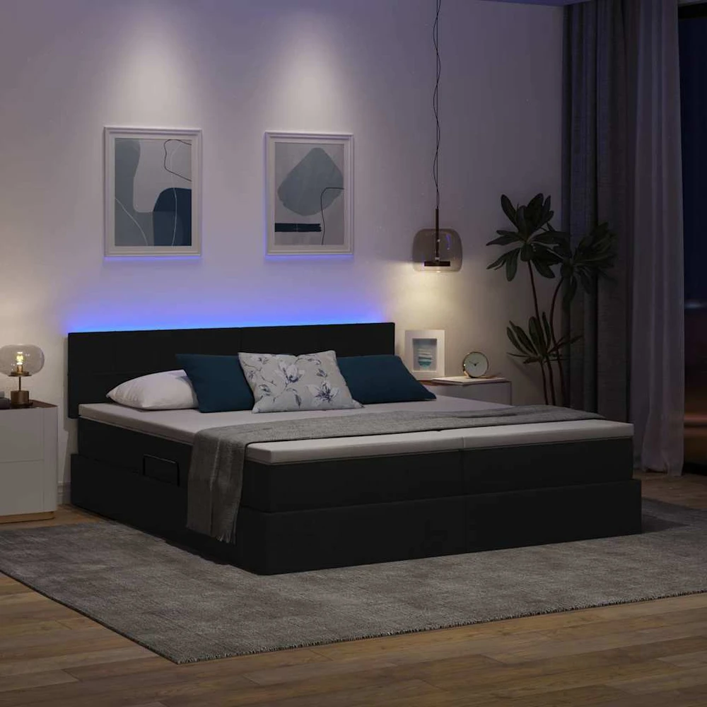 LED saugojimo lova su čiužiniu Juoda 200 x 200 cm Audinys