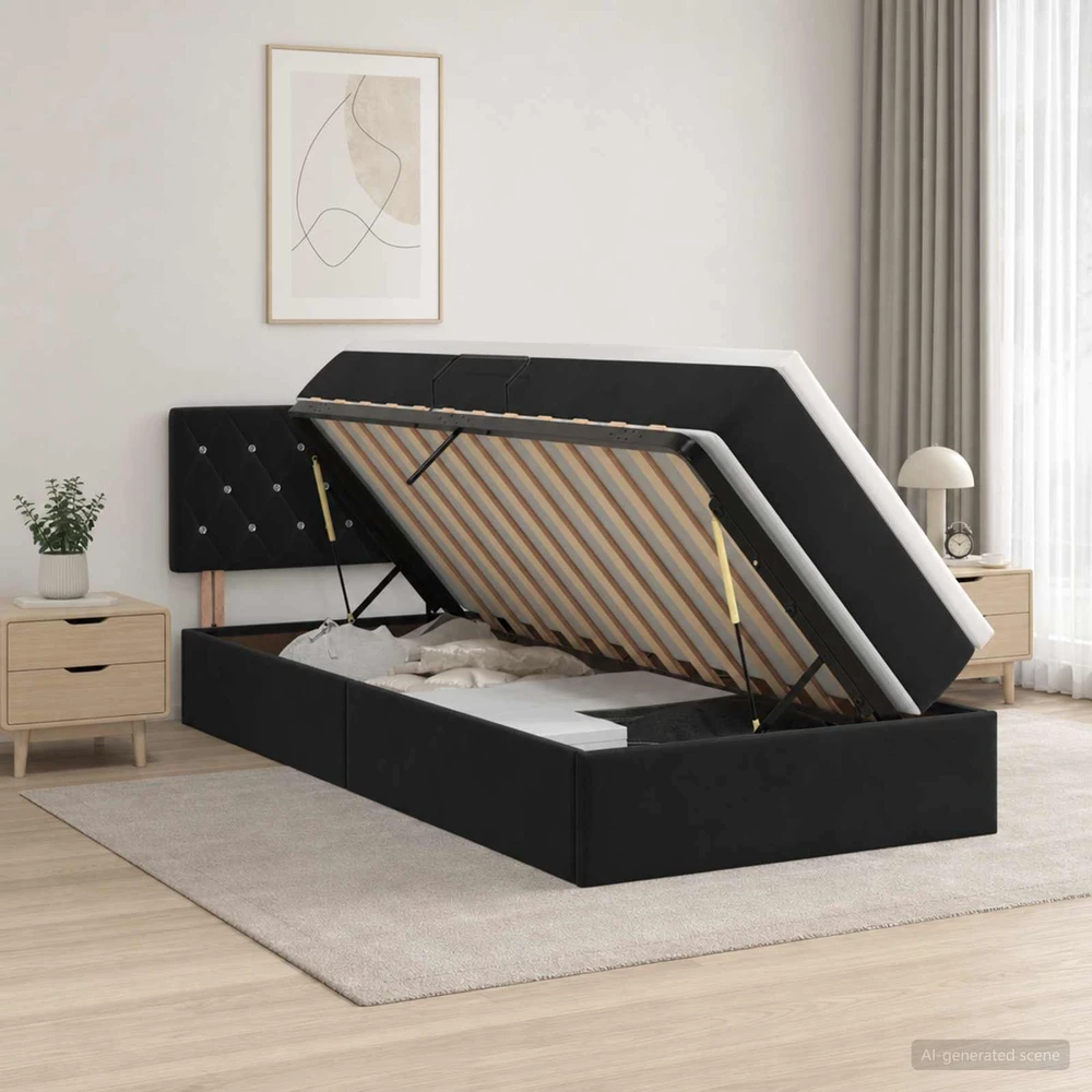 LED saugojimo lova su čiužiniu Juoda 90 x 200 cm Aksomas