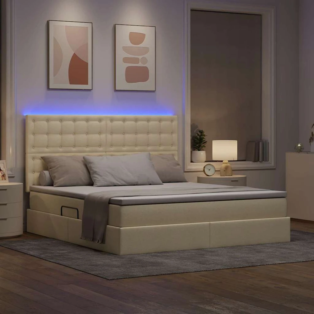 LED saugojimo lova su čiužiniu Kremas 160 x 200 cm Audinys