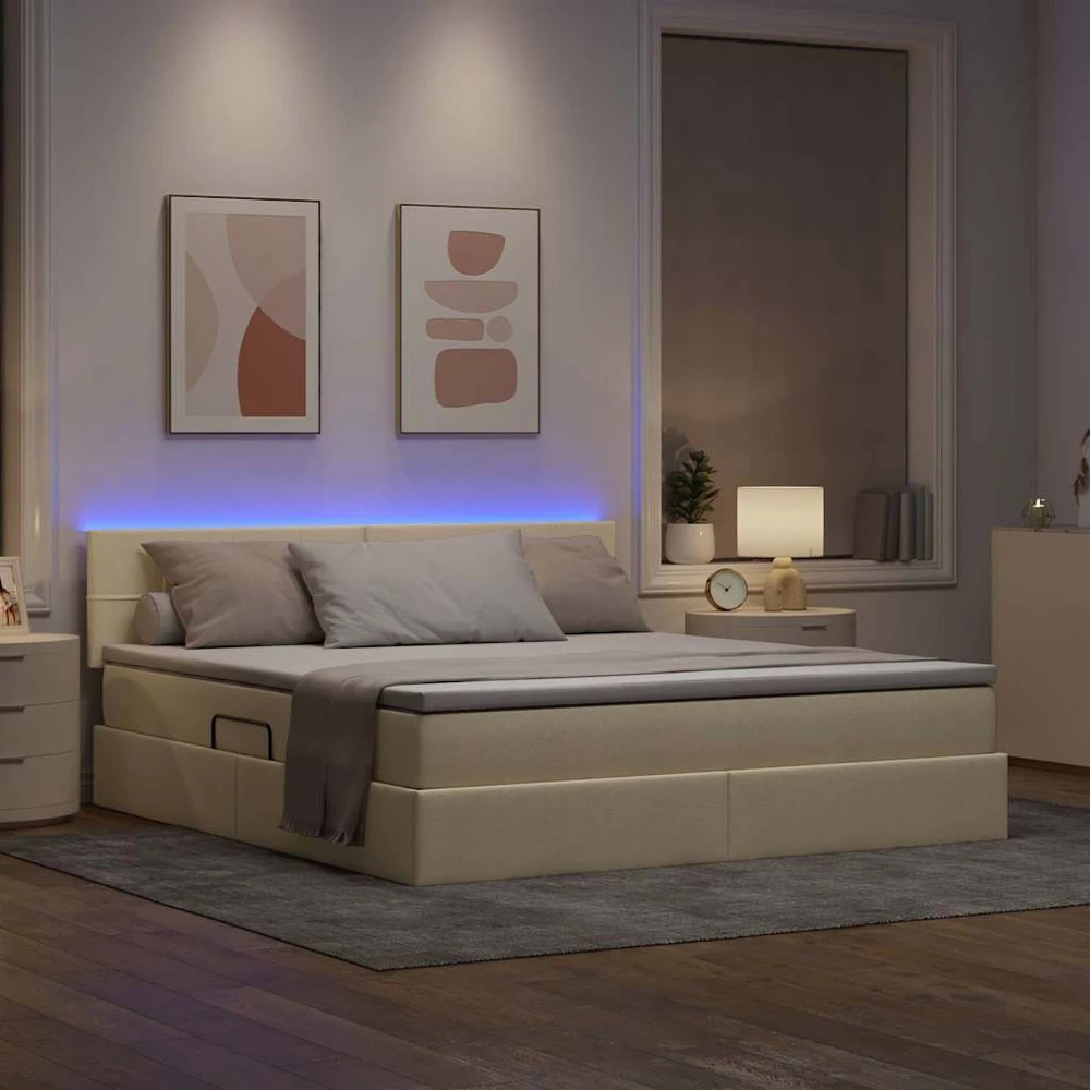 LED saugojimo lova su čiužiniu Kremas 160 x 200 cm Audinys