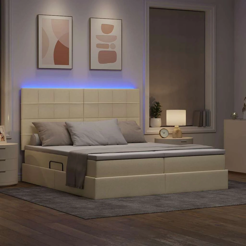 LED saugojimo lova su čiužiniu Kremas 180 x 200 cm Audinys