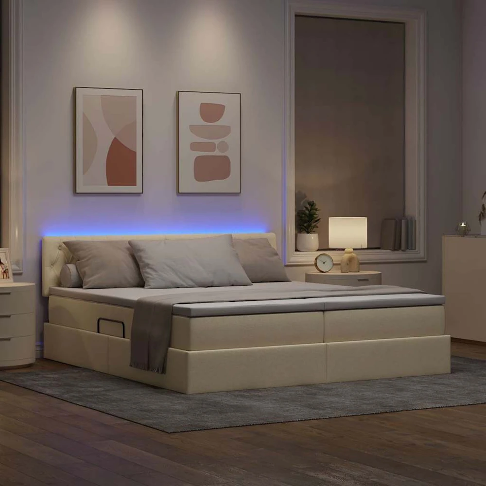 LED saugojimo lova su čiužiniu Kremas 180 x 200 cm Audinys