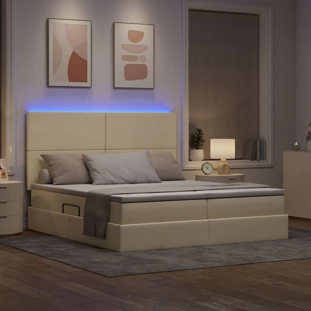 LED saugojimo lova su čiužiniu Kremas 200 x 200 cm Audinys