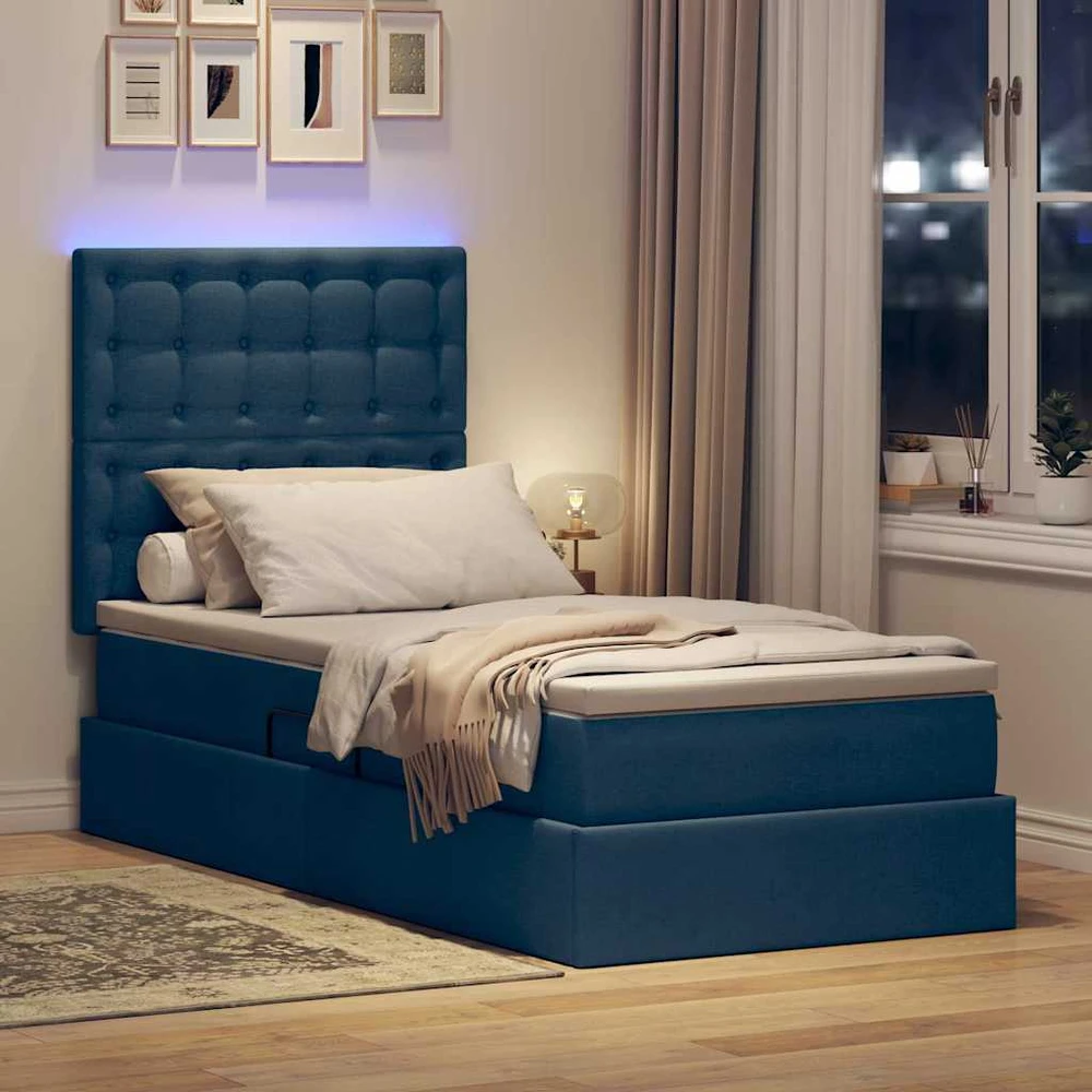 LED saugojimo lova su čiužiniu Mėlyna 100 x 200 cm Audinys