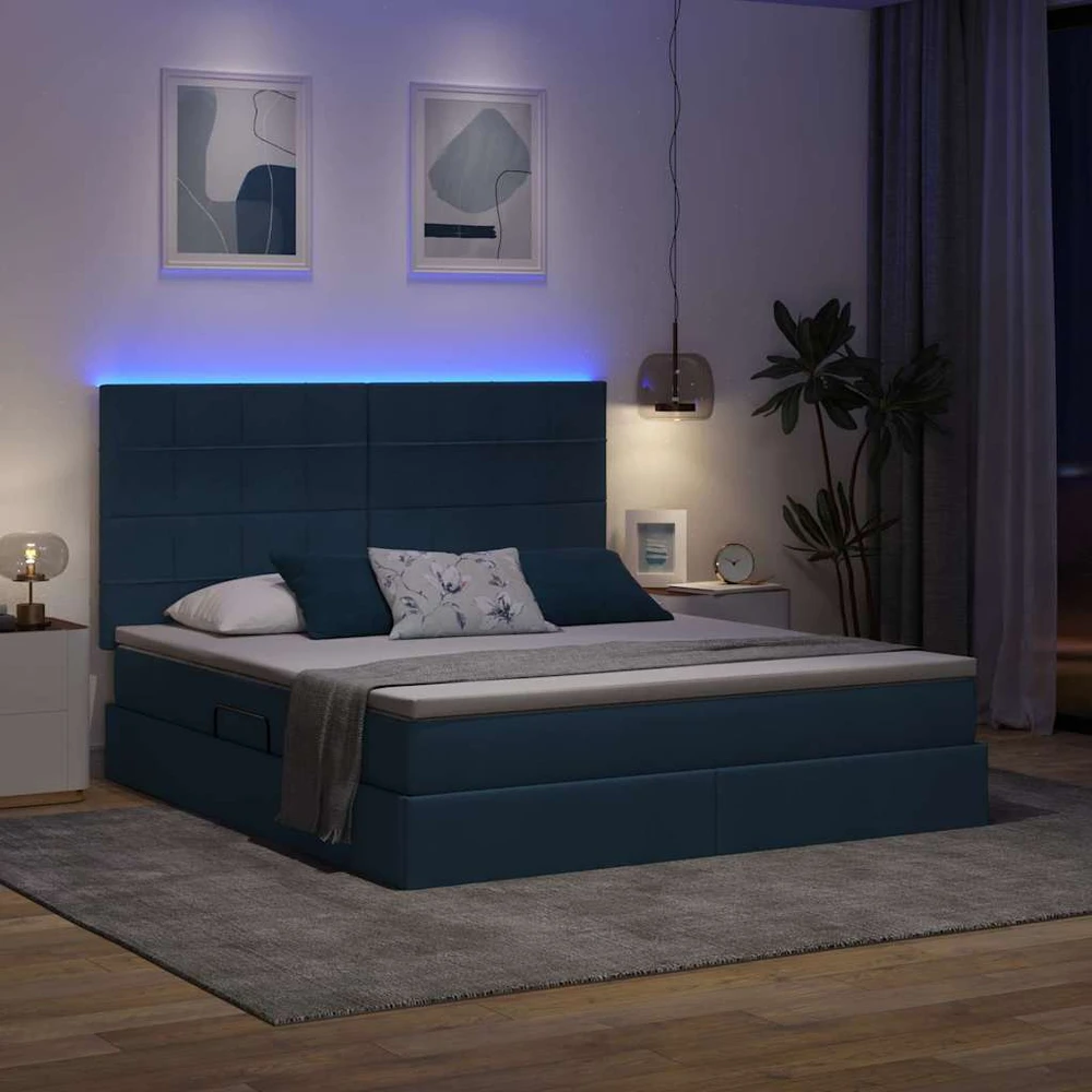 LED saugojimo lova su čiužiniu Mėlyna 180 x 200 cm Audinys